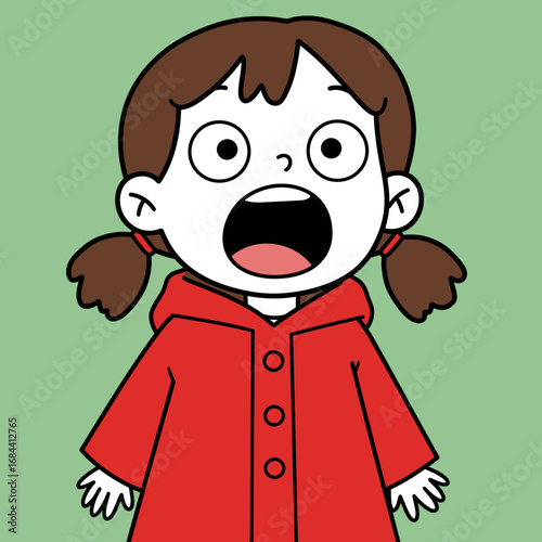 Shocked Little Girl in Red Raincoat with Open Mouth and Wide Eyes on a Green Background