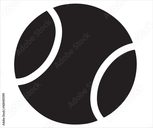 Black silhouette vector illustration of a tennis ball with curved seam lines, simple sports design concept symbolizing game, competition, recreation, exercise, athletic equipment, and fitness