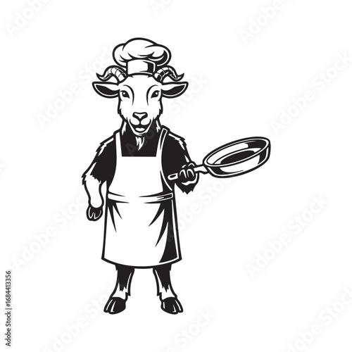 Vector art of a goat chef with a toque and apron is holding a frying pan,creating a whimsical and culinarythemed illustration