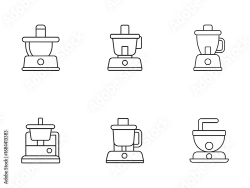 Collection of various kitchen food processors and blenders minimalist line art style for cooking appliances illustration and culinary equipment concepts