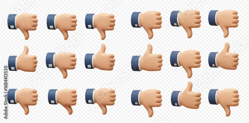 A grid of 3D cartoon hands showing thumbs-up and thumbs-down gestures, representing approval and disapproval.