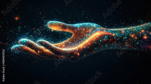 A digital hand, glowing with vibrant particles