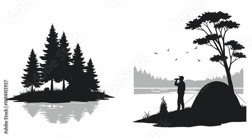 a serene lakeside scene with trees and a person observing nature