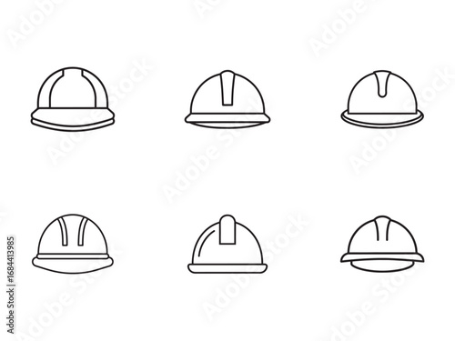 Construction Hard Hats Line Art Collection Six Different Design Variations for Safety Awareness and Industrial Applications