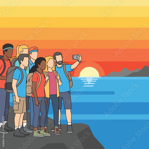 Diverse group of hikers taking a selfie at sunset overlooking a tranquil ocean.