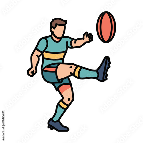 Rugby player kicking a ball during a match, dynamic pose, athletic action.