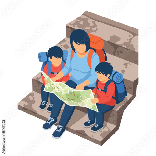 A mother and two children sit on stone steps looking at a map, wearing backpacks, possibly planning a hike.