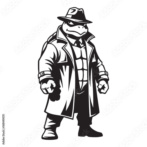 Vector art of a ninja turtle character is wearing a trench coat and fedora,in a mysterious and secretive pose like a detective or spy