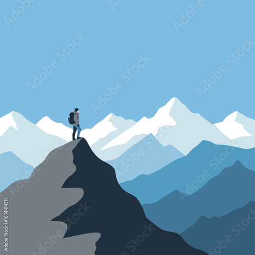 A hiker stands atop a mountain peak, gazing at a vast mountain range.