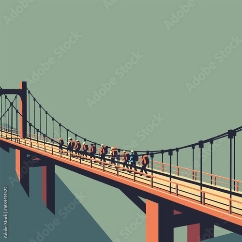 A group of hikers traverses a suspension bridge across a valley.