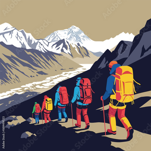 Hikers ascend a mountain trail,  with majestic snow-capped peaks in the background.