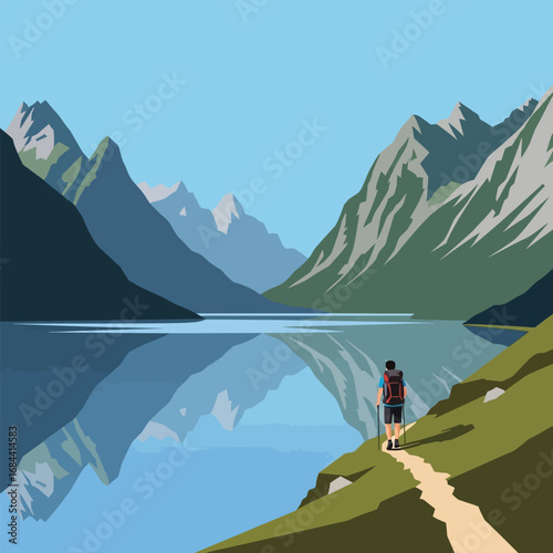 A hiker stands on a trail overlooking a serene mountain lake reflecting the peaks.