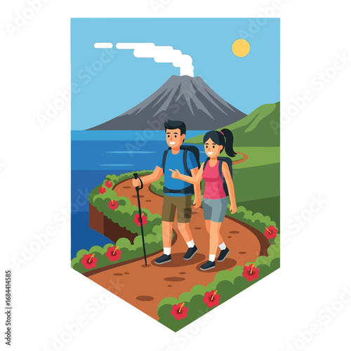A couple hiking on a scenic path near a volcano by the ocean.