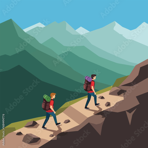Two hikers ascend a mountain trail, enjoying a scenic view of majestic peaks under a clear blue sky.