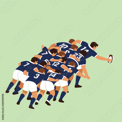 Rugby scrum formation, players in navy and white, ball handover.