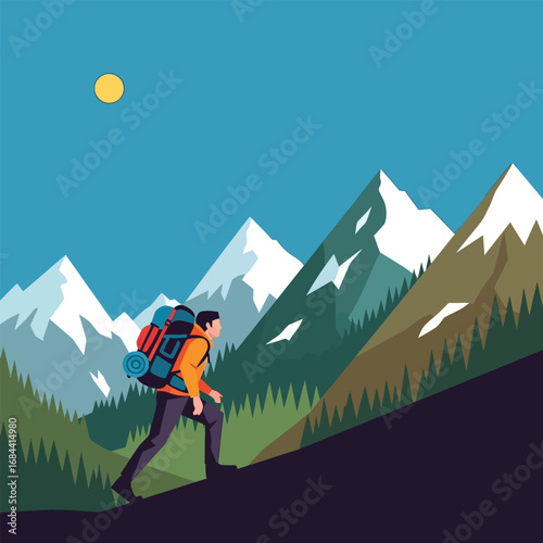 A lone hiker ascends a mountain trail, backpack laden, amidst a stunning snow-capped mountain range under a bright sun.