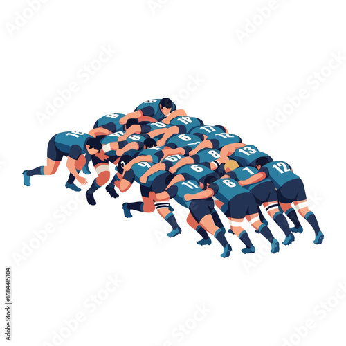 Illustration depicts a rugby scrum, a group of players locked together in a competitive formation.