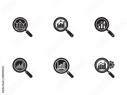 Data analysis and business intelligence concept featuring magnifying glass icons inspecting financial charts and diagrams for strategic decision making and growth