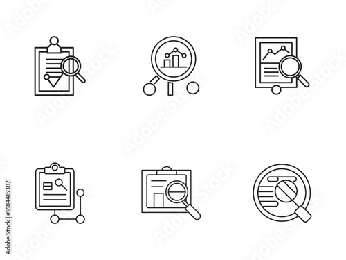 Data analysis and statistics line icons collection with magnifying glass for business insights and research illustration concept presentation and design