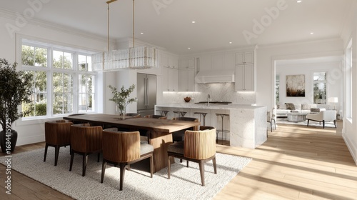 Wallpaper Mural Elegant and Modern Open Concept Kitchen and Dining Area Featuring Large Windows, Wooden Dining Set, and Cozy Lounge Space Inviting Natural Light and Comfort Torontodigital.ca