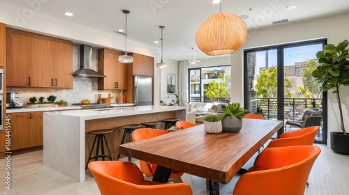 Modern open concept kitchen and dining area featuring stylish orange chairs, wooden table, and contemporary decor in a bright and airy apartment setting