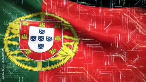 A digitally manipulated image shows the Portuguese flag draped and waving, overlaid with a translucent circuit board pattern, creating a blend of national identity and technological advancement