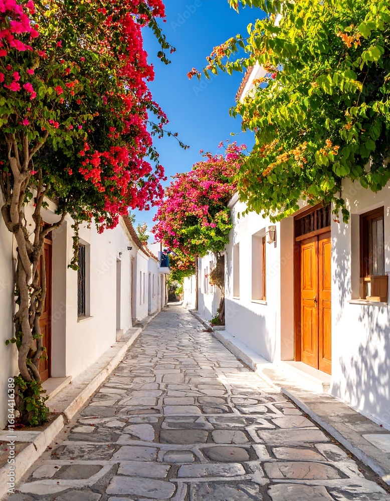 Naklejka premium Picturesque whitewashed alleyway with bougainvillea