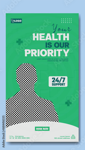 Doctor holding stethoscope over open laptop with text your health is our first priority