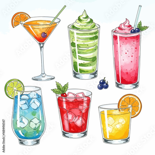 Watercolor illustrations of various colorful cocktails and beverages.