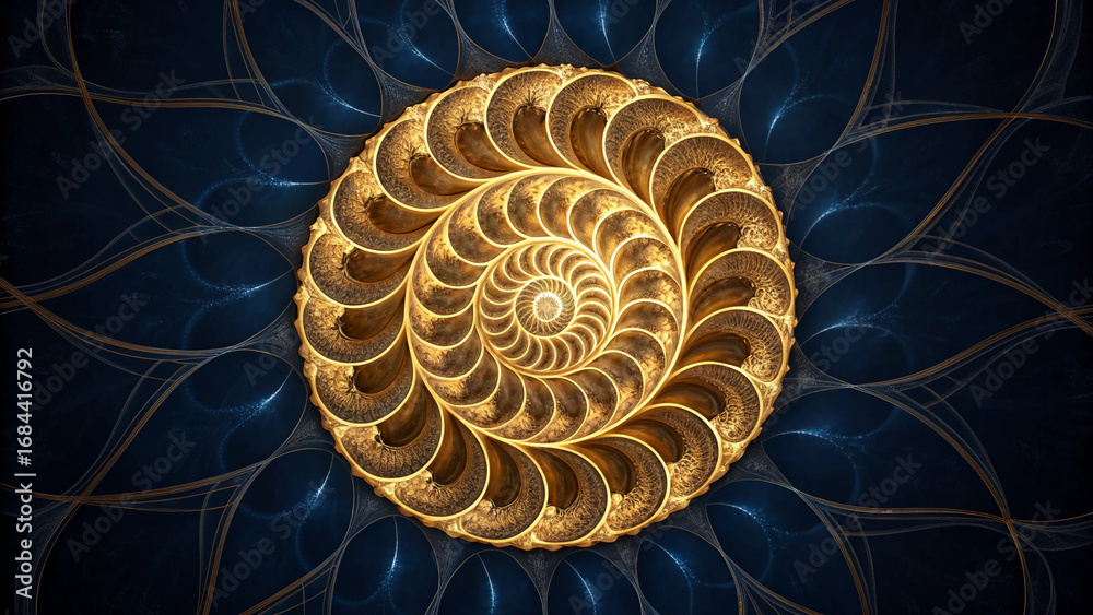 Obraz premium Golden Fractal Spiral Pattern on Dark Blue Textured Background geometric abstract