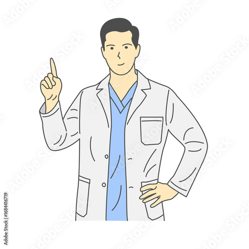 Illustration of a confident doctor raising a hand with instructional gesture