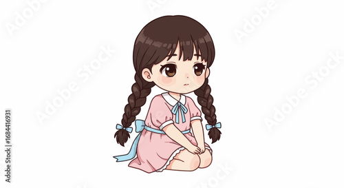 A cute anime chibi girl with brown braided hair in a pink dress kneeling on a white background.