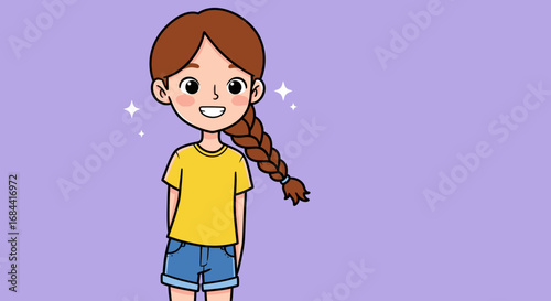 A cute cartoon illustration of a smiling girl with a long brown side braid and casual clothes.