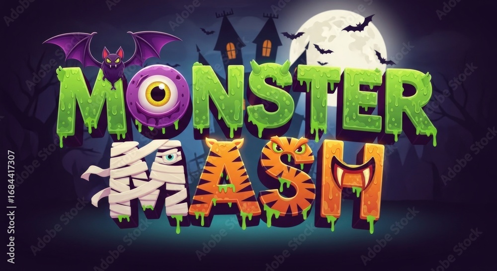 A spooky and fun monster mash design featuring a bat, monster eye, mummy, tiger, and monster, perfect for Halloween parties, events, and decorations this season.