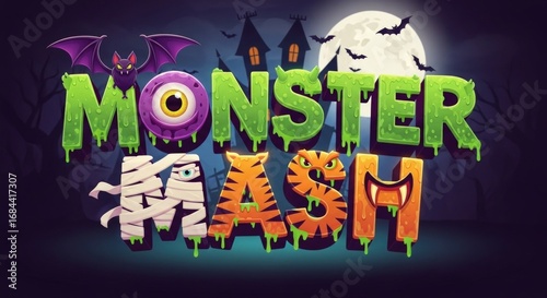 A spooky and fun monster mash design featuring a bat, monster eye, mummy, tiger, and monster, perfect for Halloween parties, events, and decorations this season.