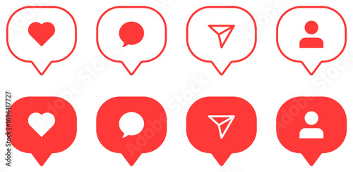 Social media notification icons in speech bubbles like love comment share follower icon line outline icons symbol
