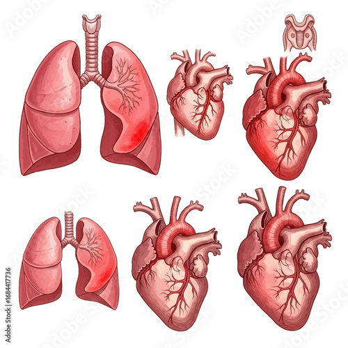 Anatomical Illustrations of Human Lungs and Hearts.