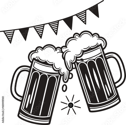 Cheers with Mugs: An illustration of two overflowing beer mugs clinking together in a celebratory toast, symbolizing friendship and festivity, perfect for conveying the spirit of enjoyment.