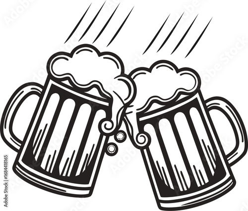 Cheers to Celebration: Two beer mugs, brimming with frothy beer, clink together in a jubilant toast under stylized rain. A simple, yet festive.