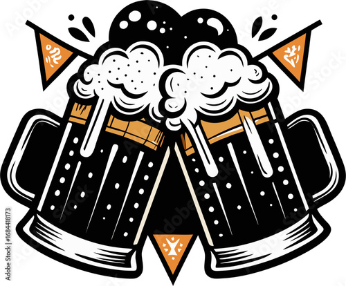 Cheers to the Brew: A lively illustration of two frothy beer mugs clinking in celebration, overflowing with golden brew and topped with a foamy head, accented with playful details and a vibrant touch.