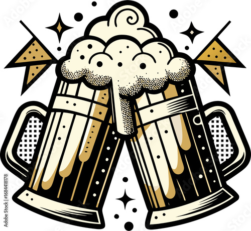 Cheers to the perfect Brew: Two overflowing beer mugs, brimming with frothy goodness, clink in a toast, a celebration of flavors and good times. Capturing the essence of brewery, craft beer.