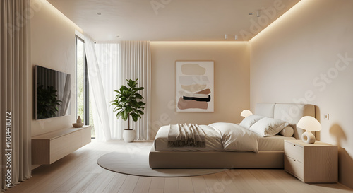Serene bedroom interior design with soft lighting, modern furniture, and a calming atmosphere.