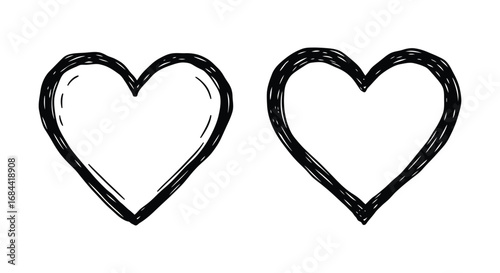 two hand drawn hearts side by side on white background