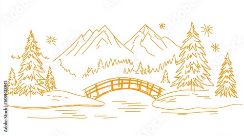 Winter landscape sketch with mountains and bridge