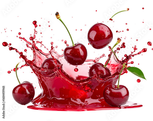  Splashing Cherry Juice with Falling Cherries, isolated on transparent background
