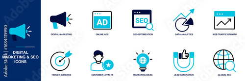 Digital Marketing and SEO Blue Colored Outline Icon Set
