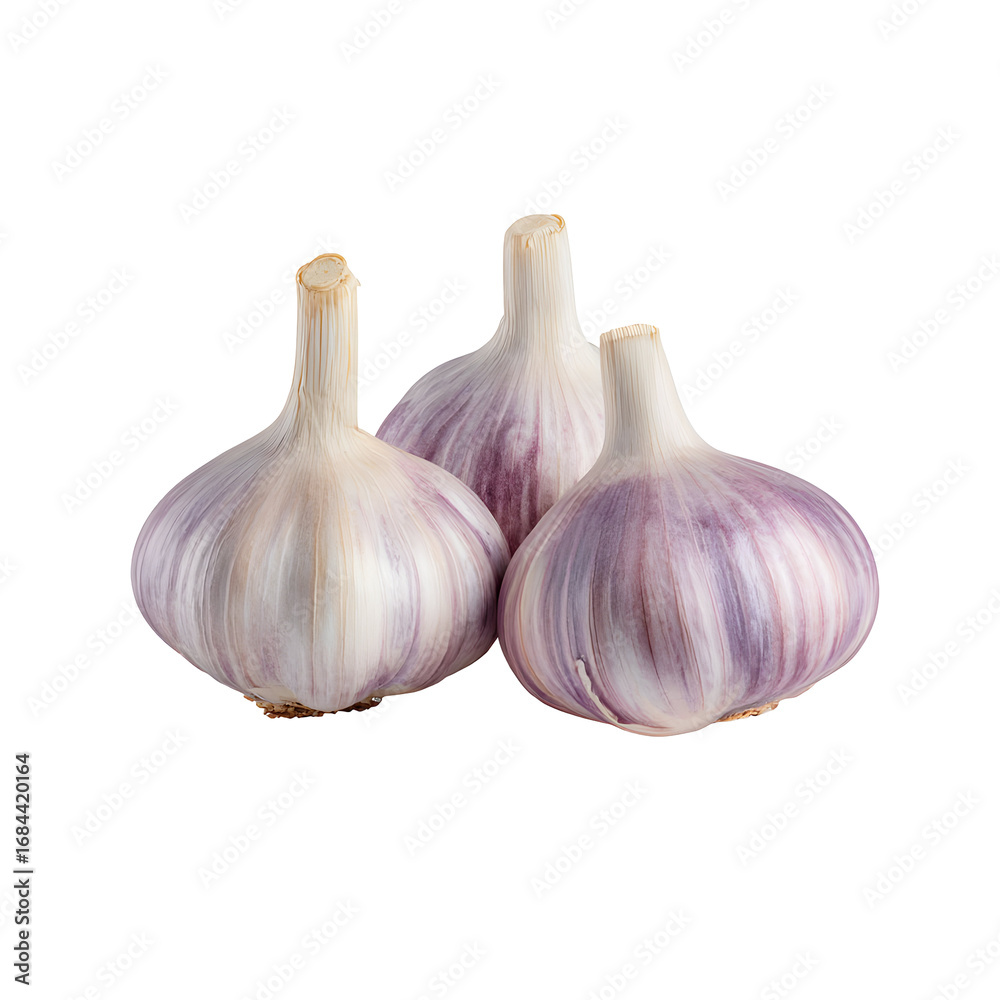 Obraz premium Three heads of fresh garlic bulbs isolated on a stark black background