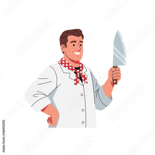 Chef displaying expertise and confidence holding knife in a professional kitchen setting