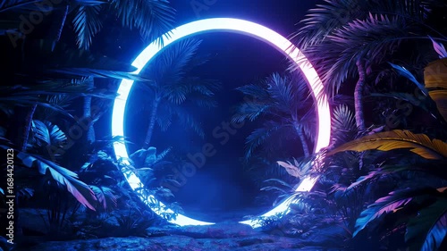 Glow Ring Portal Surrounded by Tropical Forest at Night with Blue Purple Illumination