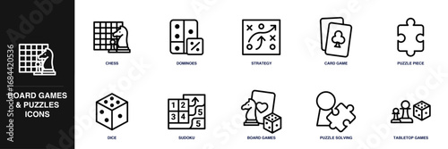 Board Games and Puzzles Line Icon Set
